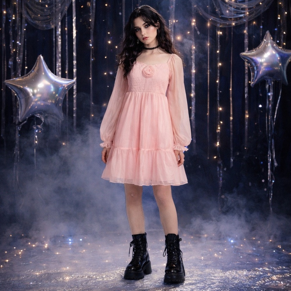 Midnight Doll Pink Smocked Sheer Puff Sleeve Tiered Mini Dress‎ L Wedding Guest